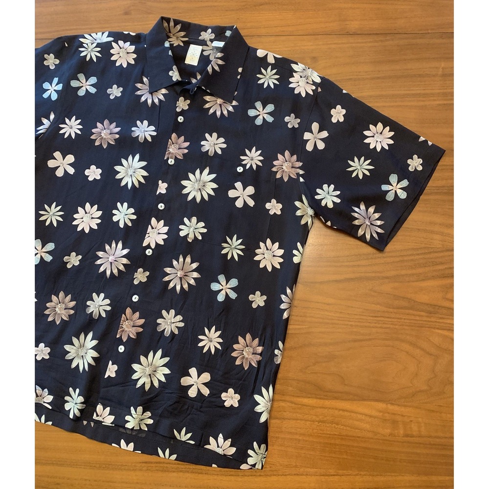 Vintage Burma Bibas 100% Silk Floral Shirt Mens M Black Short Sleeve Loop Collar